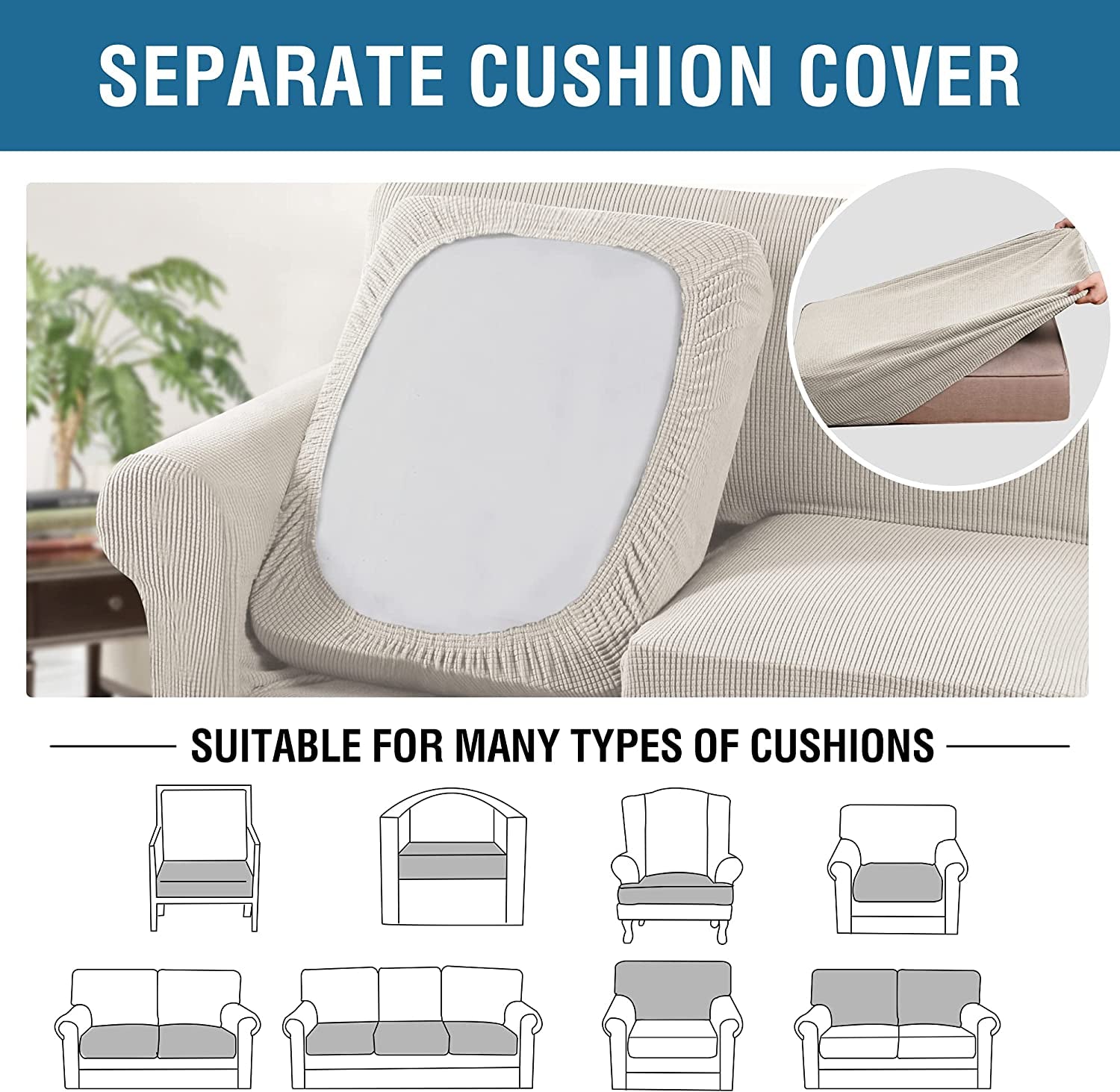 4 Piece Stretch Sofa Covers for 3 Cushion Couch Covers for Living Room Furniture Slipcovers (Base Cover plus 3 Seat Cushion Covers) Upgraded Thicker Jacquard Fabric (Sofa, Ivory)