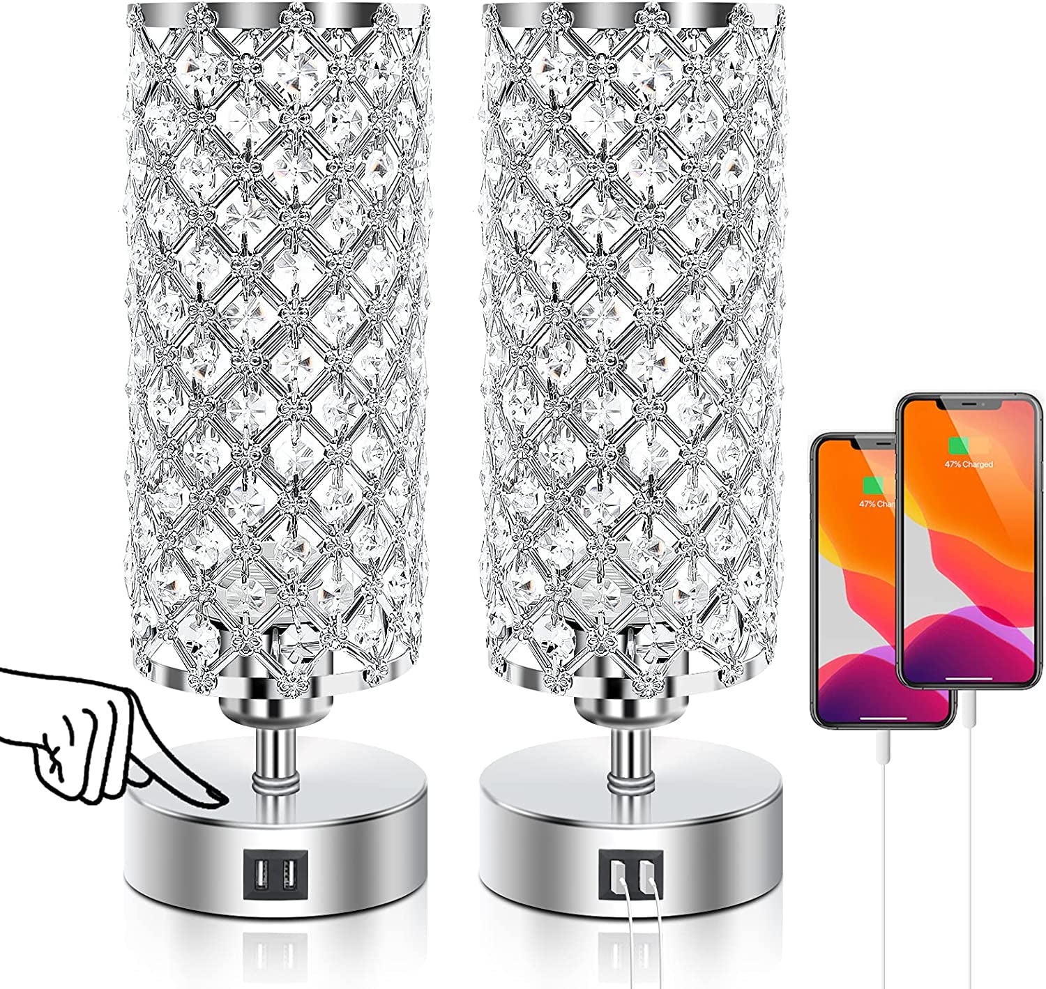Touch Control Crystal Table Lamps Set of 2, Nightstand Sliver Lamps with 2 USB Charging Ports, Modern Dimmable Desk Lamps for Bedrooms (LED Bulb Included)
