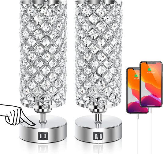 Touch Control Crystal Table Lamps Set of 2, Nightstand Sliver Lamps with 2 USB Charging Ports, Modern Dimmable Desk Lamps for Bedrooms (LED Bulb Included)