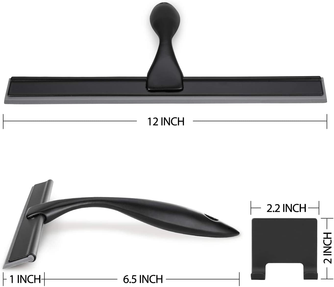 All-Purpose Shower Squeegee for Shower Doors, Bathroom, Window and Car Glass - Black, Stainless Steel, 12 Inches