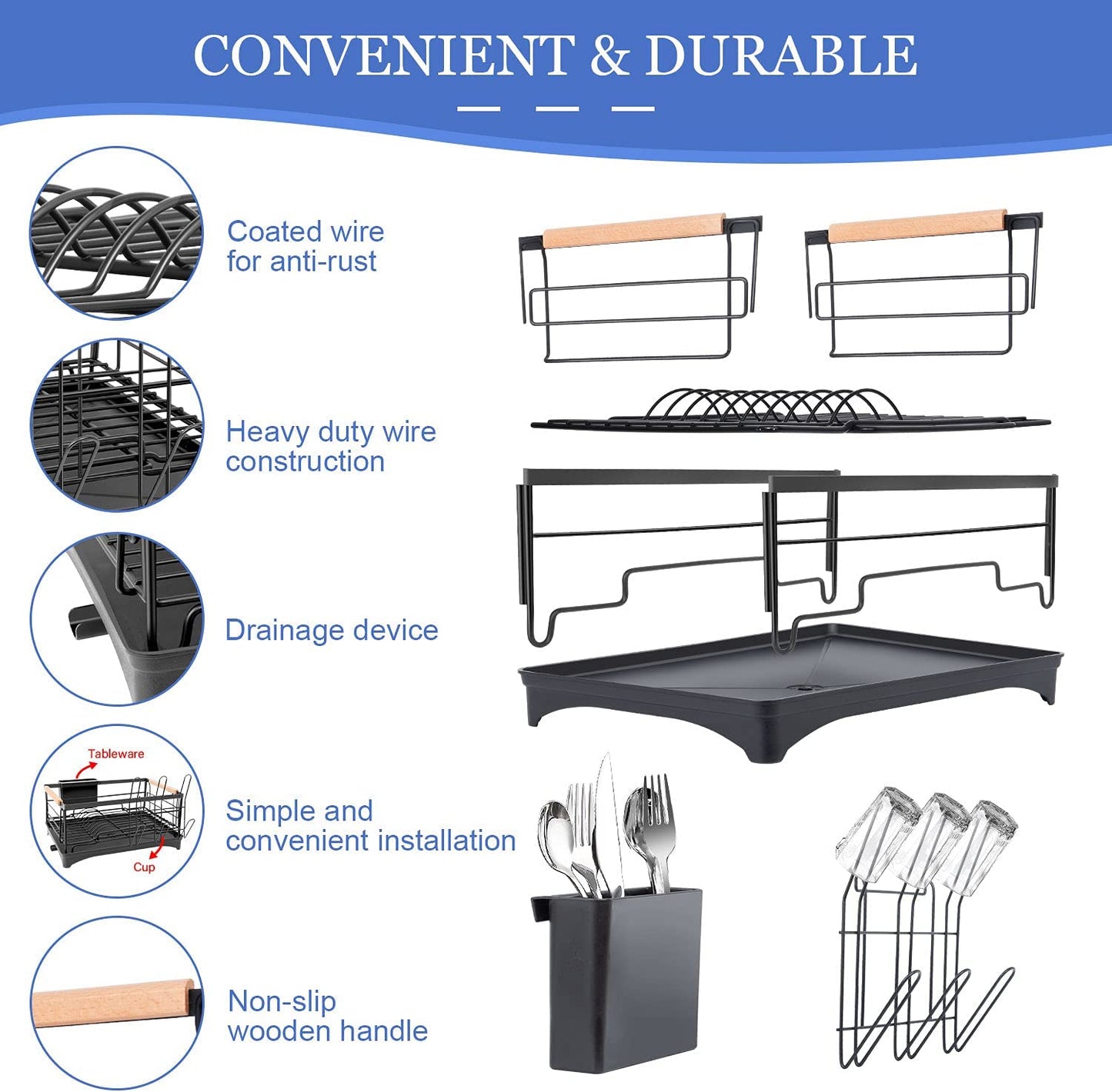 Dish Drying Rack, Dish Rack for Kitchen Counter, Rust-Proof Dish Drainer with Drying Board and Utensil Holder for Kitchen Counter Cabinet, 16.6” L× 12.6”W× 7.8”H, Black