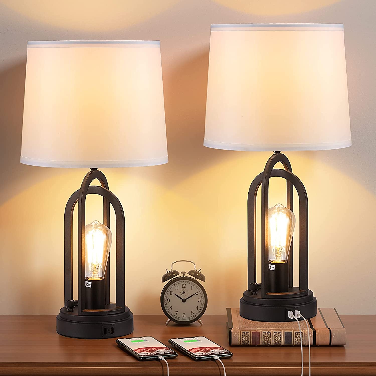 Farmhouse Table Lamps for Living Room Set of 2, Bedside Lamps with Dual USB Ports, 3-Way Brightness Retro Charging Lamp for Bedroom,  Industrial Nightstand Lamp with Nightlight (Bulbs Included)