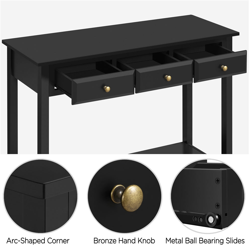 3-Drawer Wooden Console Table Entryway Table with Storage Shelf Pine Wood Legs, Black