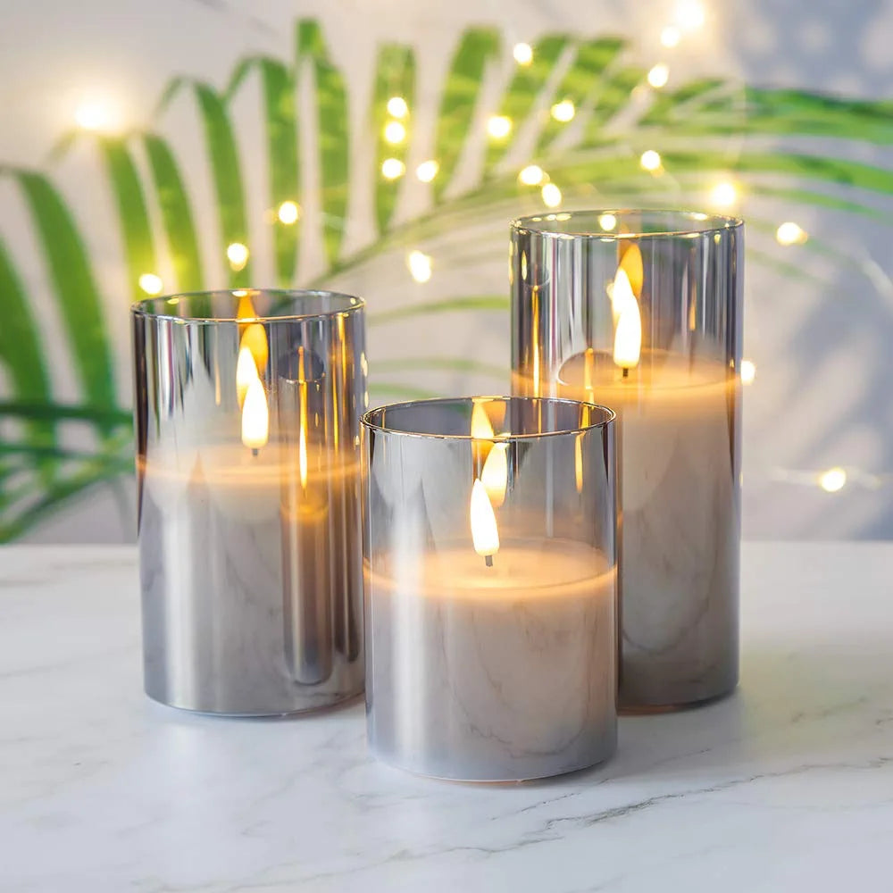 Glass Flameless Candles with Remote Battery Operated Flickering LED Pillar Candles Real Wax Wick 3 Pack D 3" H 4" 5" 6" Grey