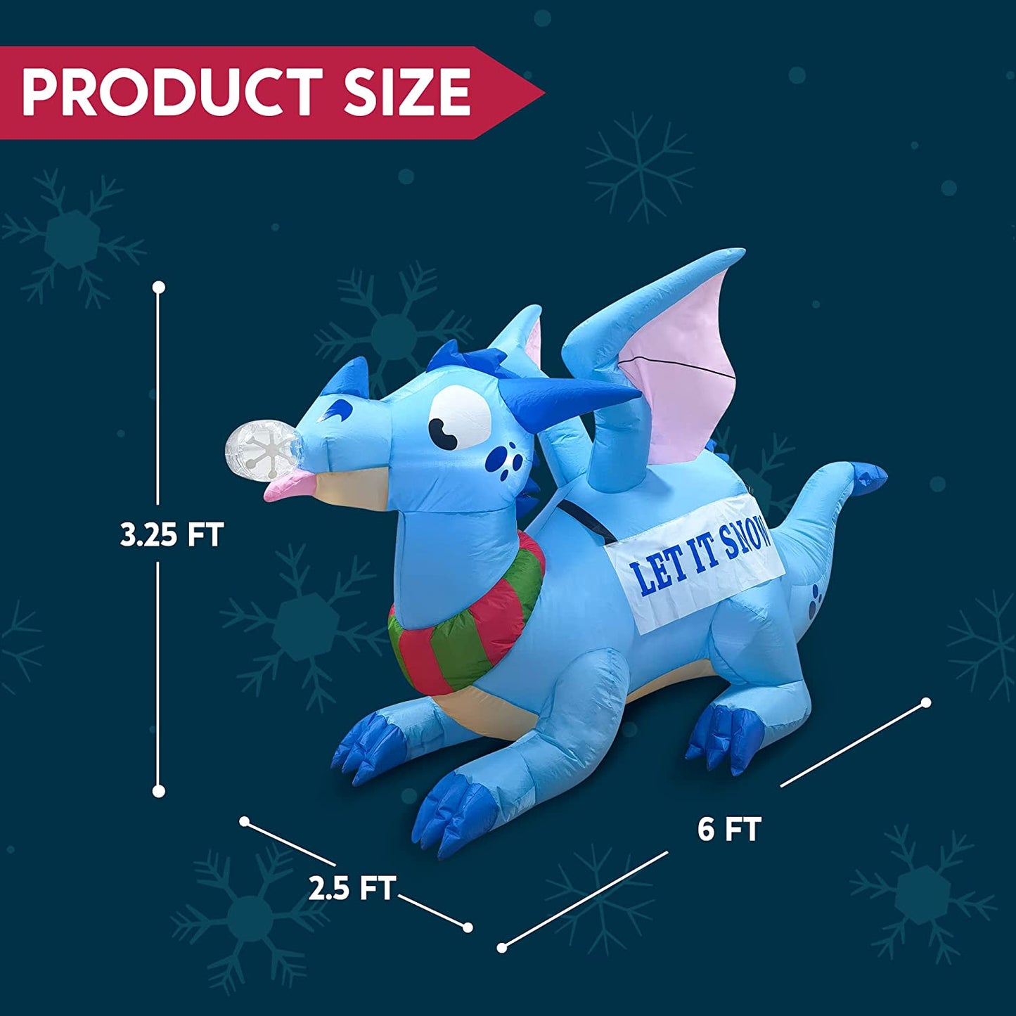 6 FT Long Christmas Inflatable Dragon, Blow up Lighted Inflatables Blue Dragon with Snowflake for Christmas Party Indoor, Outdoor, Yard, Garden, Lawn Winter Decorations