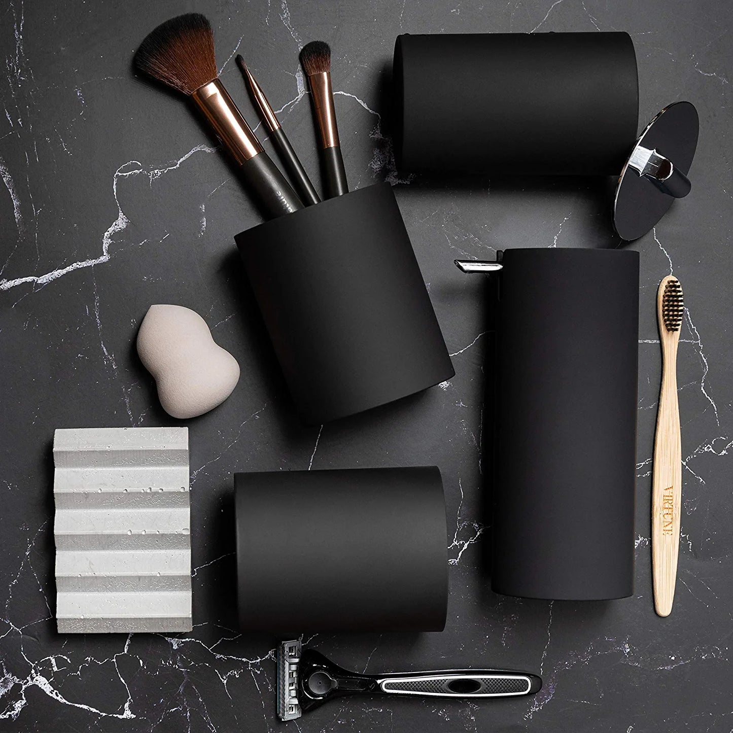 Sleek Matte Black Bathroom Accessory Set 4 Pcs Complete Bathroom Set Modern Bathroom Decor Bathroom Organizer Accesorios Para Baños Toothbrush Holder Soap Dispenser Set Home Decor Clearance