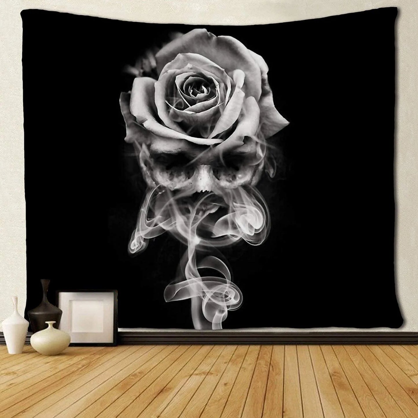 Goth Wall Hanging Tapestry Fire Skull Rose Black and White Tapestries Wall Tapestry Home Decorations for Living Room Bedroom Dorm Decor in 60X80 Inches