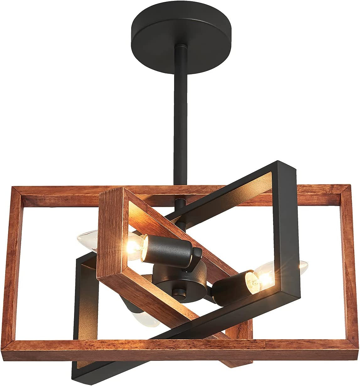 3 Light Rotatable Ceiling Lights Industrial Farmhouse Semi Flush Mount Ceiling Light Fixture with Adjustable Framework Black Metal and Wood for Hallway Living Room Bedroom Kitchen Entryway