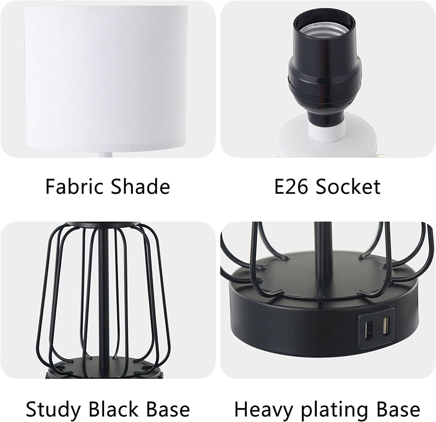 Touch Control Table Lamp Set of 2, Farmhouse Black Cage Bedside Lamps with 2 USB Ports and Outlets,3-Way Dimmable Nightstand Lamps for Reading, Bedroom, Living Room(Bulbs Included)