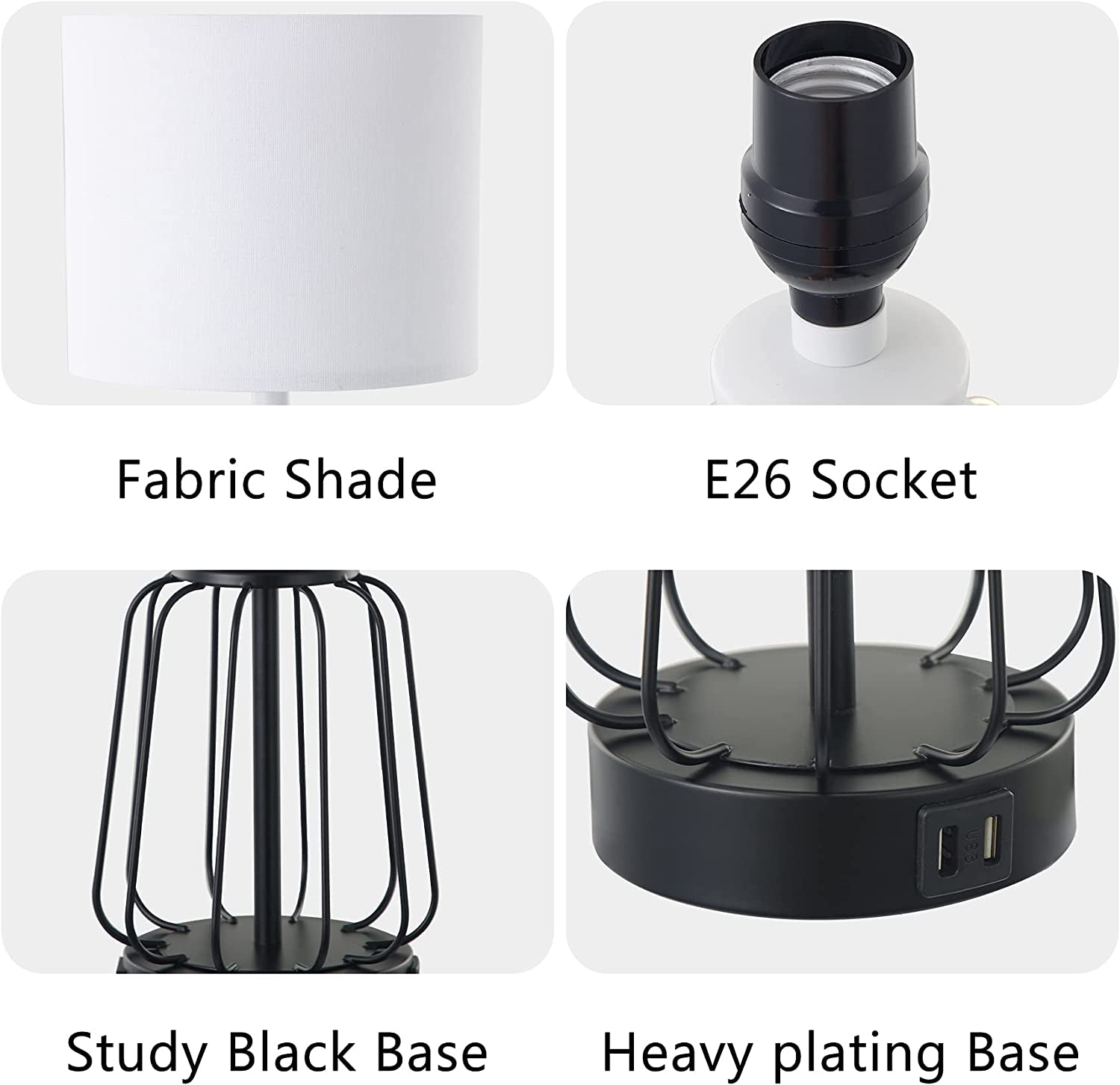 Touch Control Table Lamp Set of 2, Farmhouse Black Cage Bedside Lamps with 2 USB Ports and Outlets,3-Way Dimmable Nightstand Lamps for Reading, Bedroom, Living Room(Bulbs Included)