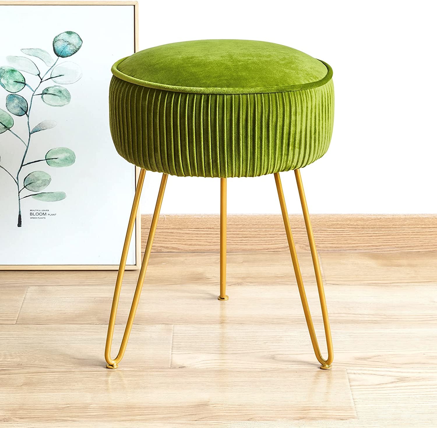 Mid Century Modern Velvet Upholstered Pleated round Footrest Stool Ottoman with Metal Legs, Home Multifunctional Luxury Ottoman Suitable for Living Room and Bedroom