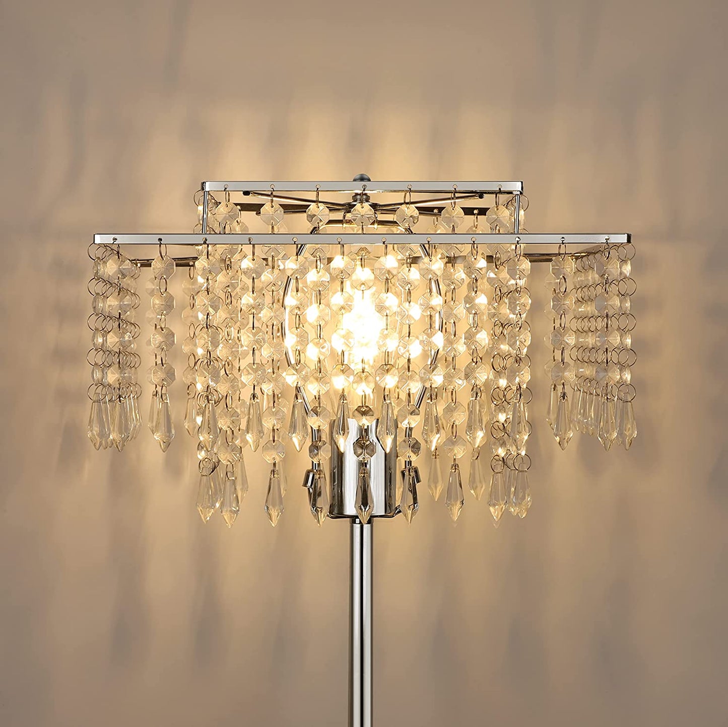 Double-Layer Lampshade Crystal Floor Lamp for Bedroom Modern Floor Lamp for Living Room,Elegant Standing Lamp,61.57" Tall Pole Lamp,Suitable for Bedroom,Living Room,Office,6W LED Bulb Included,Silver