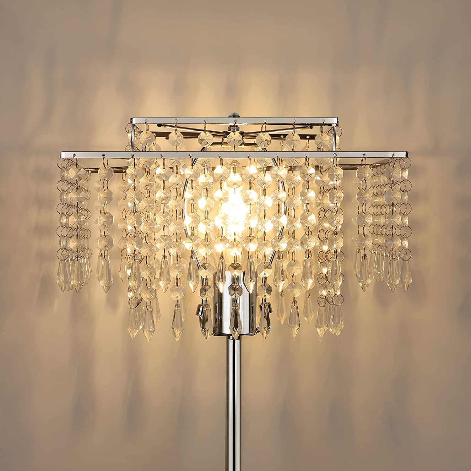 Double-Layer Lampshade Crystal Floor Lamp for Bedroom Modern Floor Lamp for Living Room,Elegant Standing Lamp,61.57" Tall Pole Lamp,Suitable for Bedroom,Living Room,Office,6W LED Bulb Included,Silver