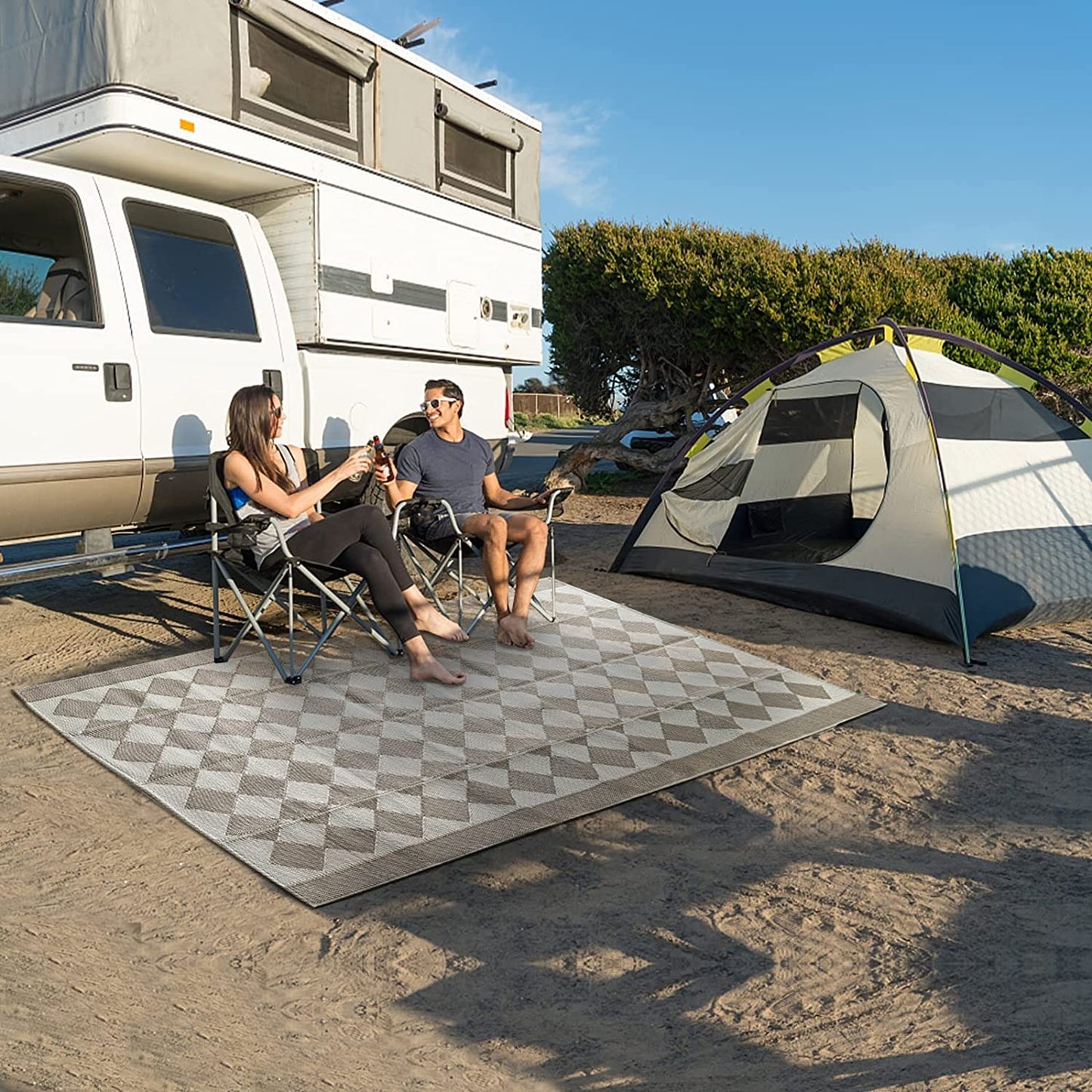 Reversible Rugs Plastic Patio Area Rugs, Lightweight outside Mats for Patio, Straw, RV Camping, Beach and Picnic (5X8Ft Taupe)