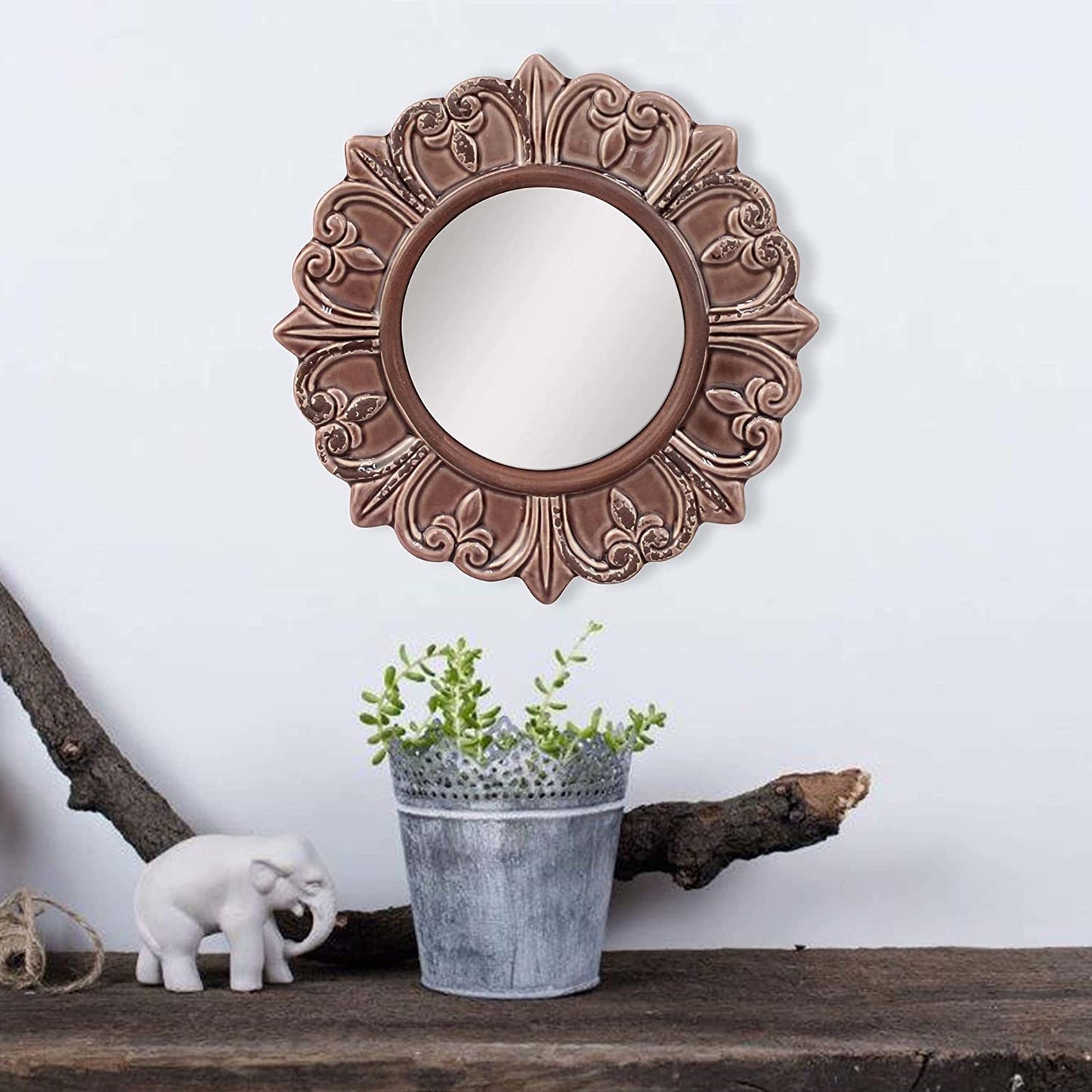 Decorative 9" Warm Taupe round Ceramic Accent Wall Mirror