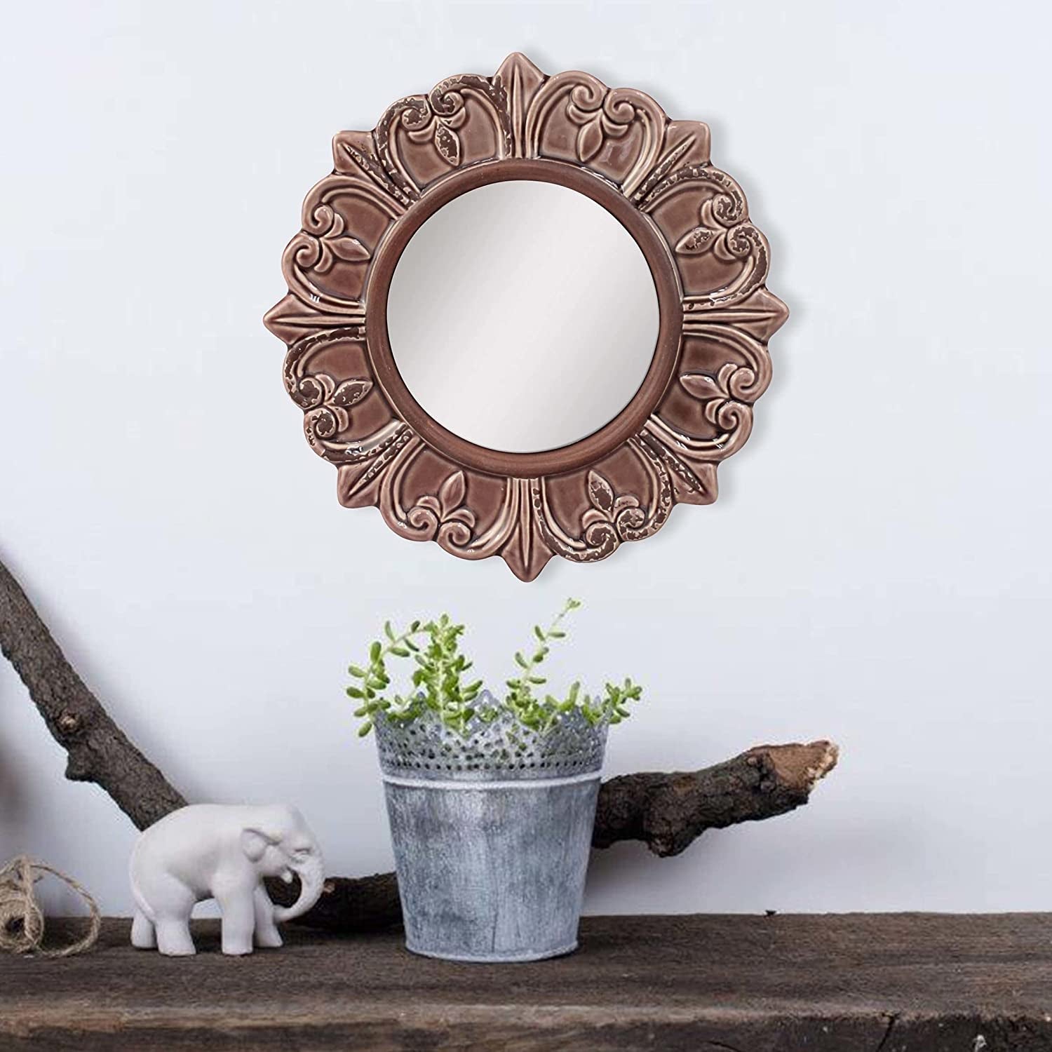 Decorative 9" Warm Taupe round Ceramic Accent Wall Mirror