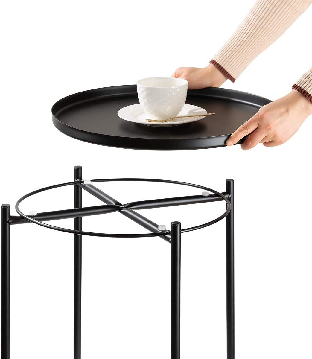 Side Table round Metal, Outdoor Side Table Small Sofa End Table Indoor Accent Table round Metal Coffee Table Waterproof Removable Tray Table for Living Room Bedroom Balcony Office Black