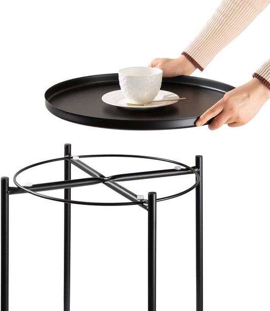 Side Table round Metal, Outdoor Side Table Small Sofa End Table Indoor Accent Table round Metal Coffee Table Waterproof Removable Tray Table for Living Room Bedroom Balcony Office Black