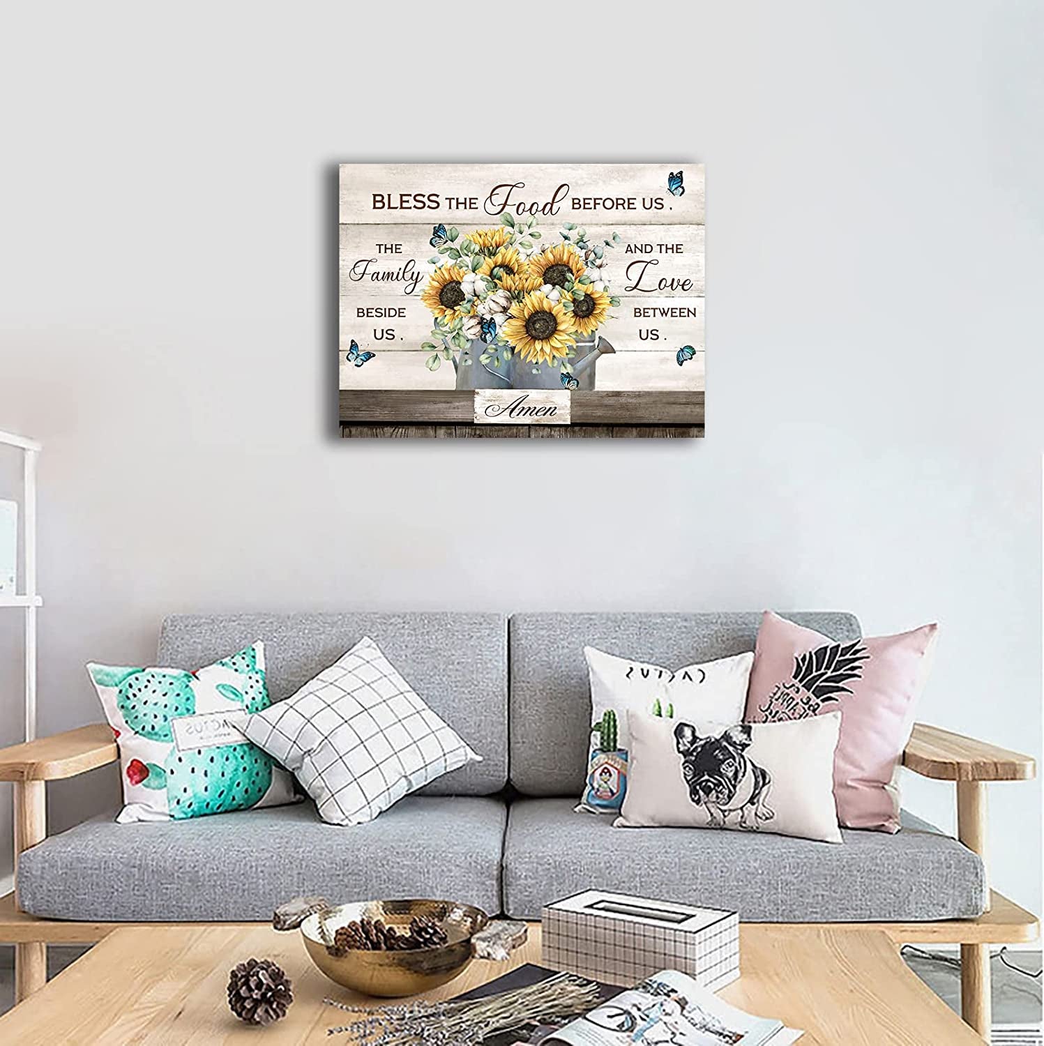 Flowers Canvas Wall Art Inspirational Quotes Canvas Pictures Farmhouse Sunflower Artwork Wall Decor Bless the Food before Us Prints for Kitchen Living Room Bedroom Dinning Home Decor Framed 12" X16"