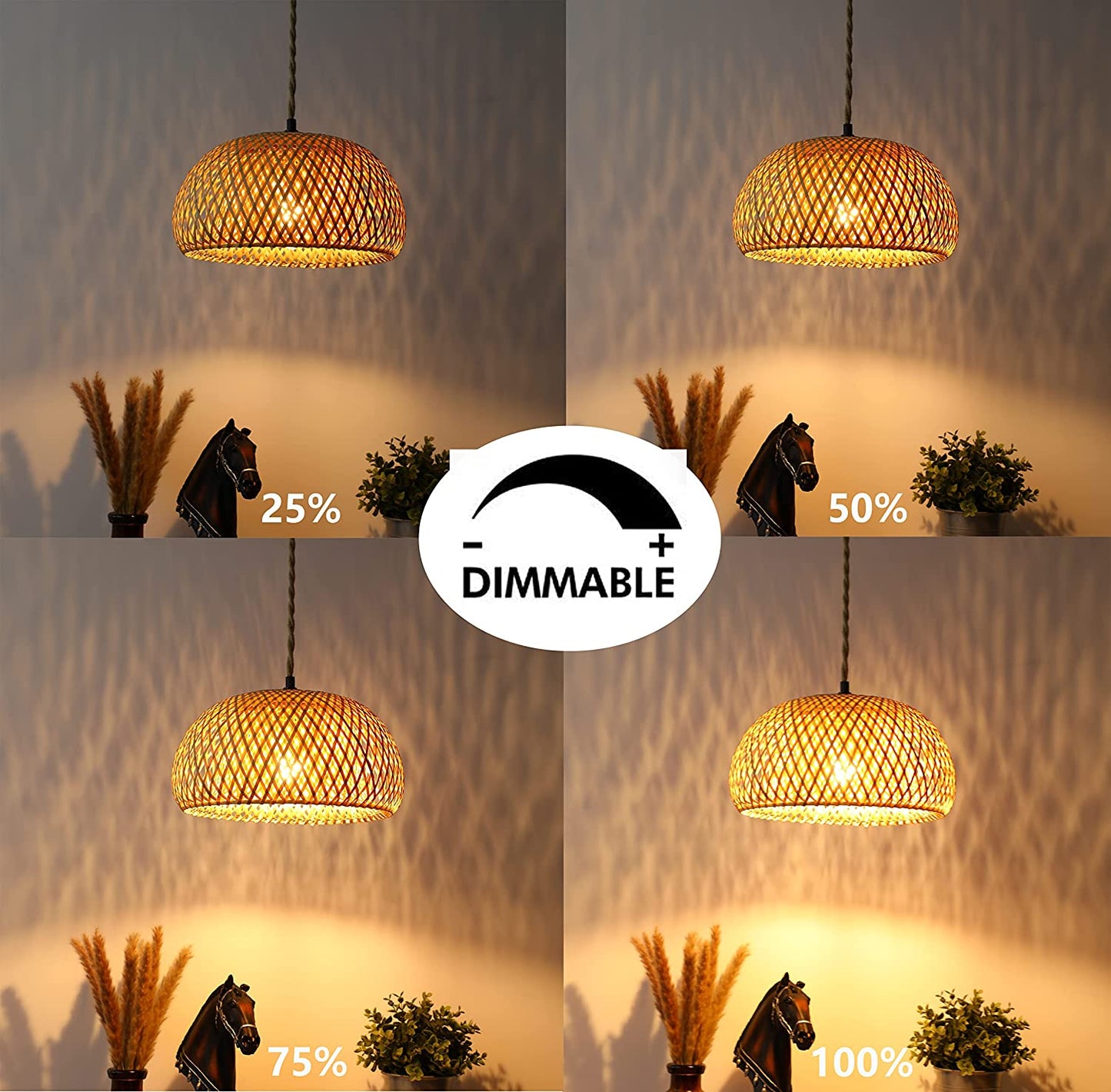 Plug in Pendant Light Rattan Hanging Lamp with Dimmable Switch 14Feet Hemp Rope Cord Bamboo Lampshade Rattan Hanging Lights Fixture with Plug in Cord