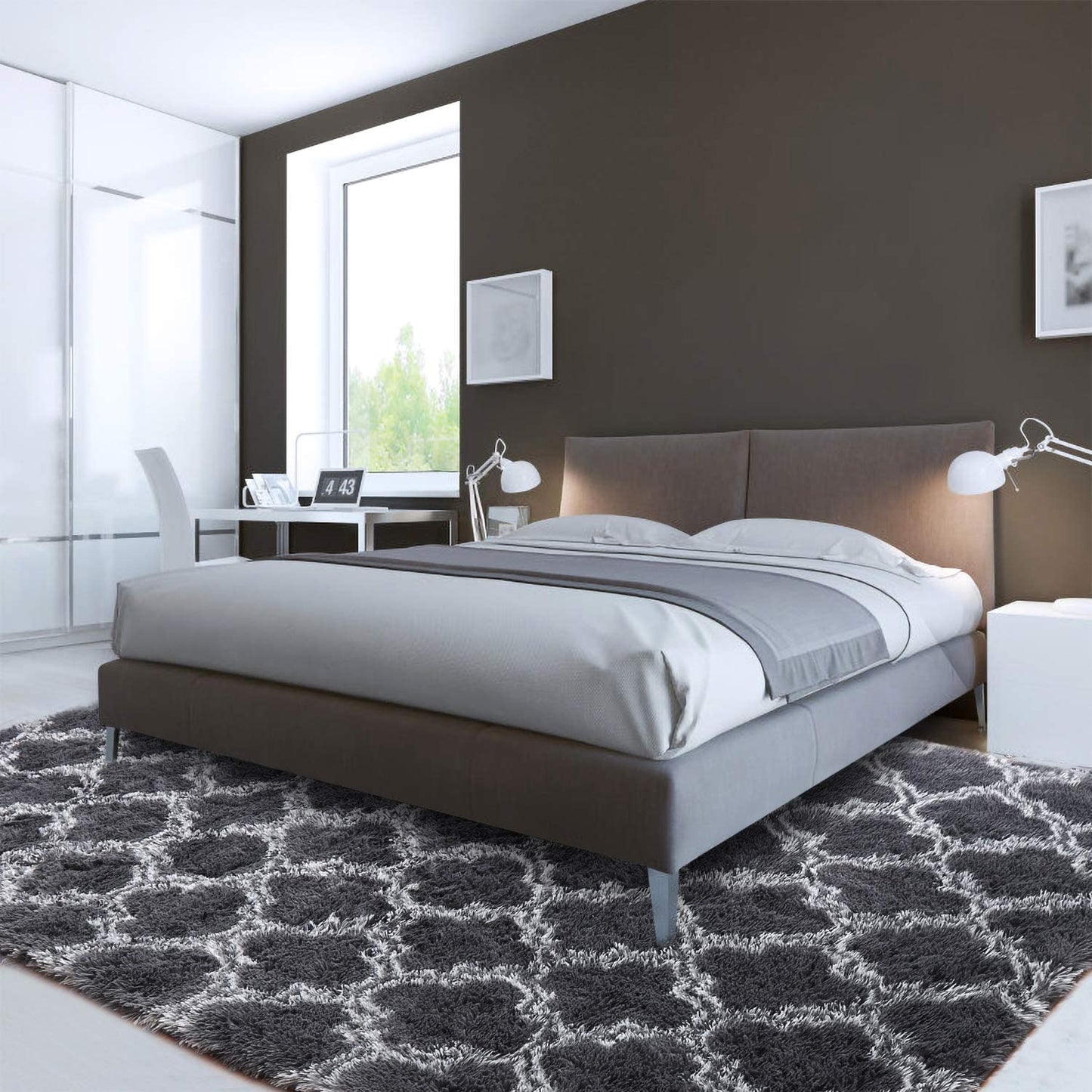 Luxury Shag Area Rug Modern Indoor Plush Fluffy Rugs, Extra Soft and Comfy Carpet, Geometric Moroccan Rugs for Bedroom Living Room Girls Nursery Kids Home 4X6 Feet Dark Grey/White