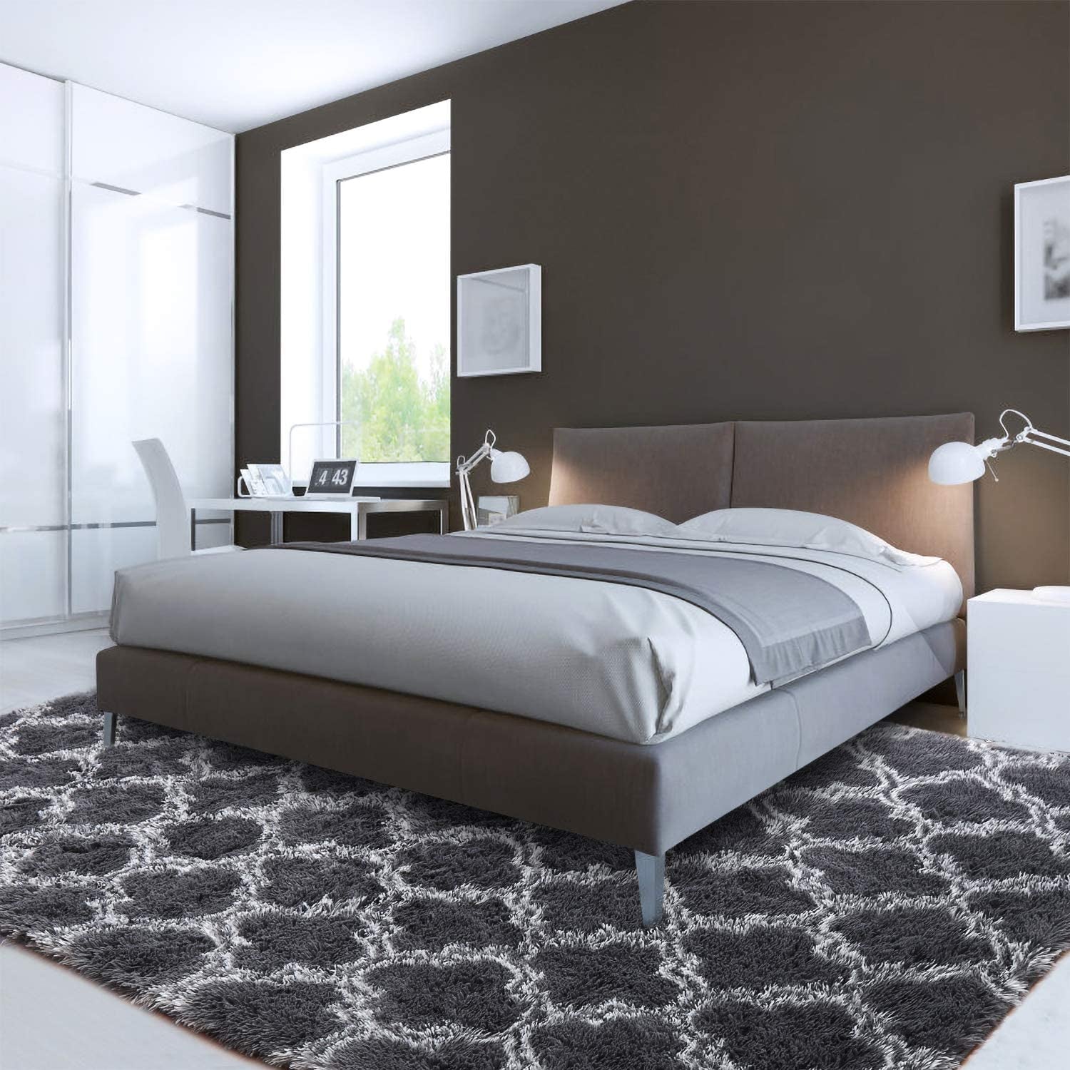 Luxury Shag Area Rug Modern Indoor Plush Fluffy Rugs, Extra Soft and Comfy Carpet, Geometric Moroccan Rugs for Bedroom Living Room Girls Nursery Kids Home 4X6 Feet Dark Grey/White