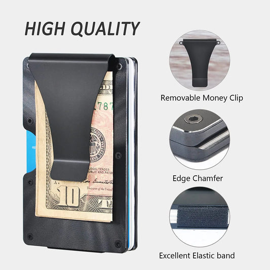 Metal Wallets for Men with Money Clip - Slim Minimalist Aluminum Wallet Credit Card Holder RFID Blocking(Cd Raised Grain, Black)