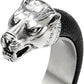 Mens Steel Wolf Head Open Cuff Bangle Bracelet Inlaid with Black Leather Elastic Adjustable