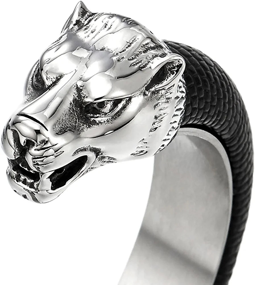 Mens Steel Wolf Head Open Cuff Bangle Bracelet Inlaid with Black Leather Elastic Adjustable