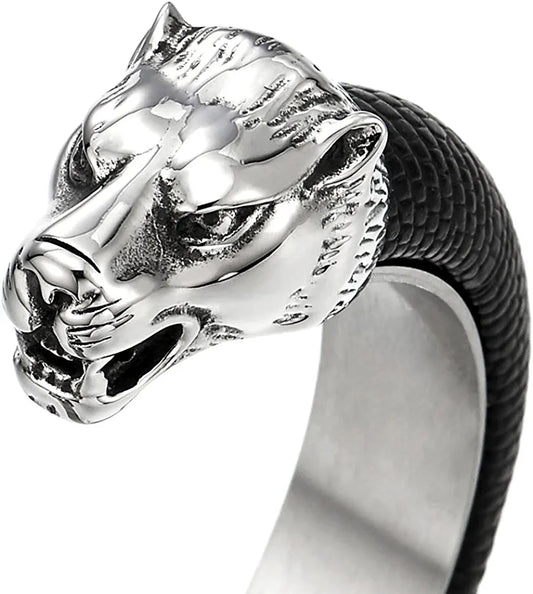 Mens Steel Wolf Head Open Cuff Bangle Bracelet Inlaid with Black Leather Elastic Adjustable