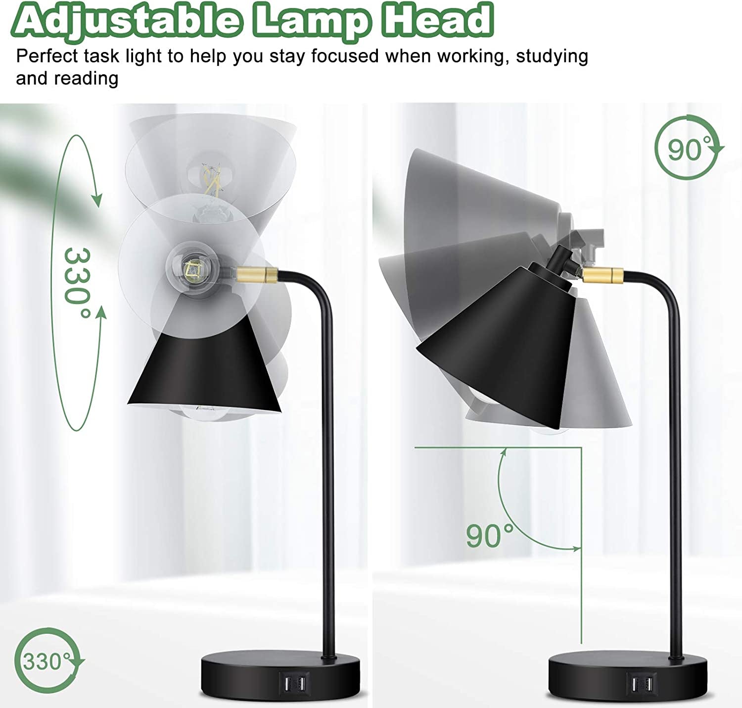 Industrial 3 Way Dimmable Touch Control Desk Lamp with 2 USB Ports & AC Outlet Bedside Nightstand Reading Lamp Flexible Head Farmhouse Black Table Lamp for Office Bedroom Living Room Bulb Included