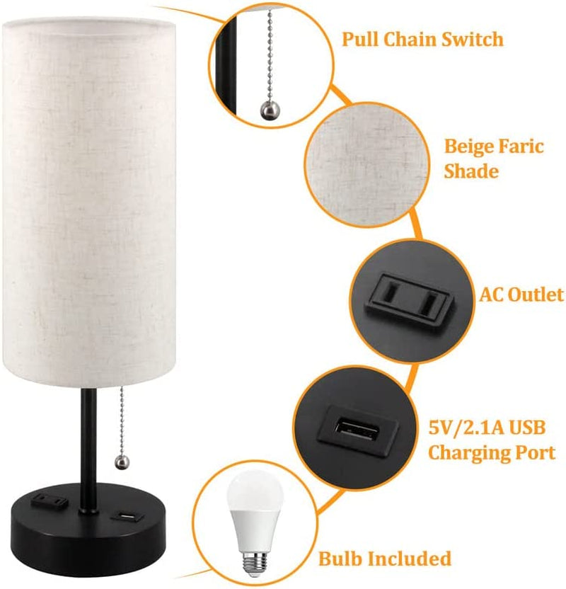 USB Bedside Table Lamp, 2700K 4000K 5000K Nightstand Lamp with Pull Chain, Bedside Lamp with USB Port & AC Outlet, Table Lamp for Bedroom Living Room, Bulb Included, Fabric Linen Lamp Shade