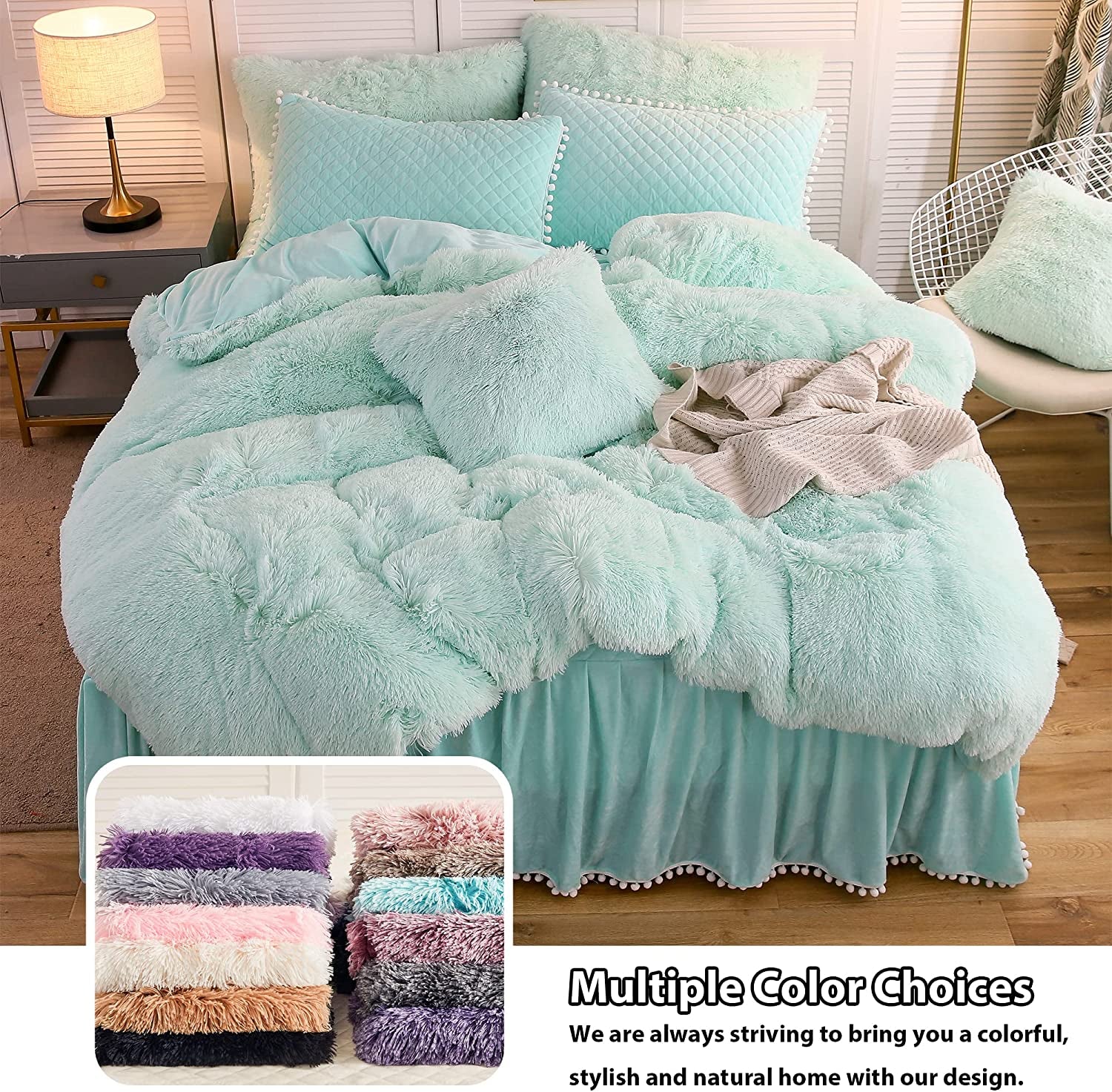 2 Pack Faux Fur Pillow Shams,Shaggy Plush Home Decorative Luxury Series Super Soft Furry Pillow Case with Zipper Closure for Home Sofa Couch Decoration,Standard Queen(Mint,20"X26")