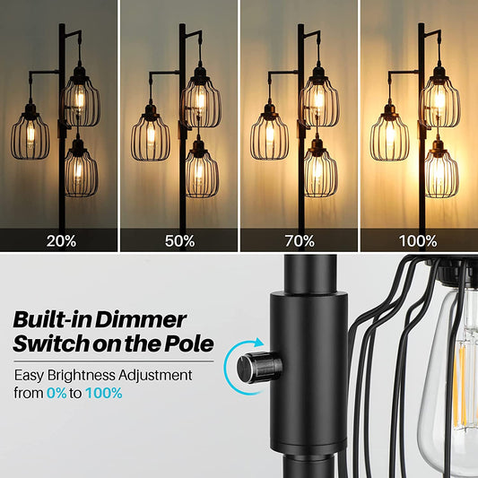 Dimmable Industrial Floor Lamp with 3 LED Edsion Bulbs, Farmhouse Tall Standing Lamp for Living Room, Rustic Black Tree Floor Lamp, Bright Vintage Pole Light with Cage Shades for Bedroom Home Decor