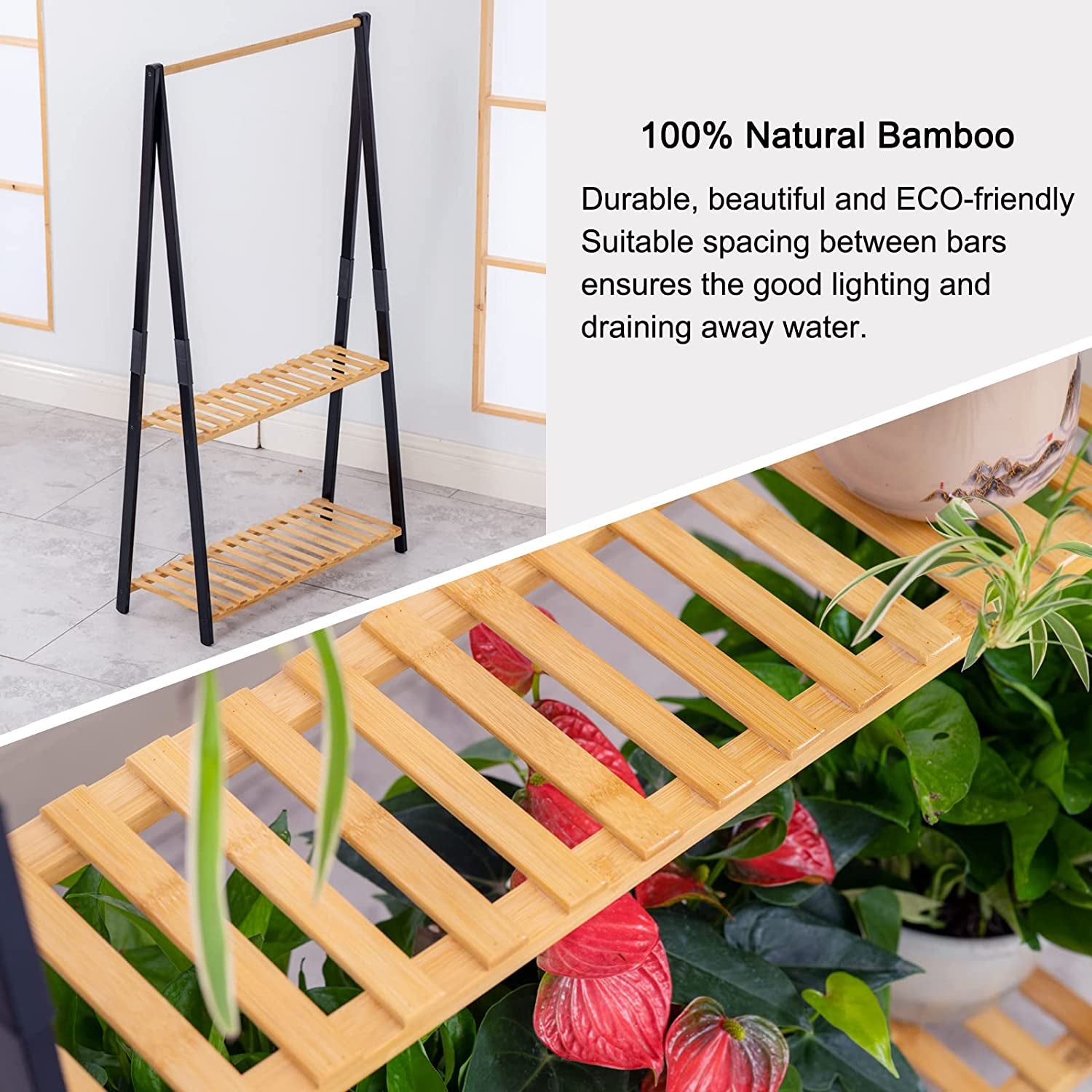 Bamboo 2-Tier Hanging Plant Stand Planter Shelves Flower Pot Organizer Rack Multiple Flower Pot Display Holder Shelf Indoor Outdoor Heavy Duty Planter Shelving Unit