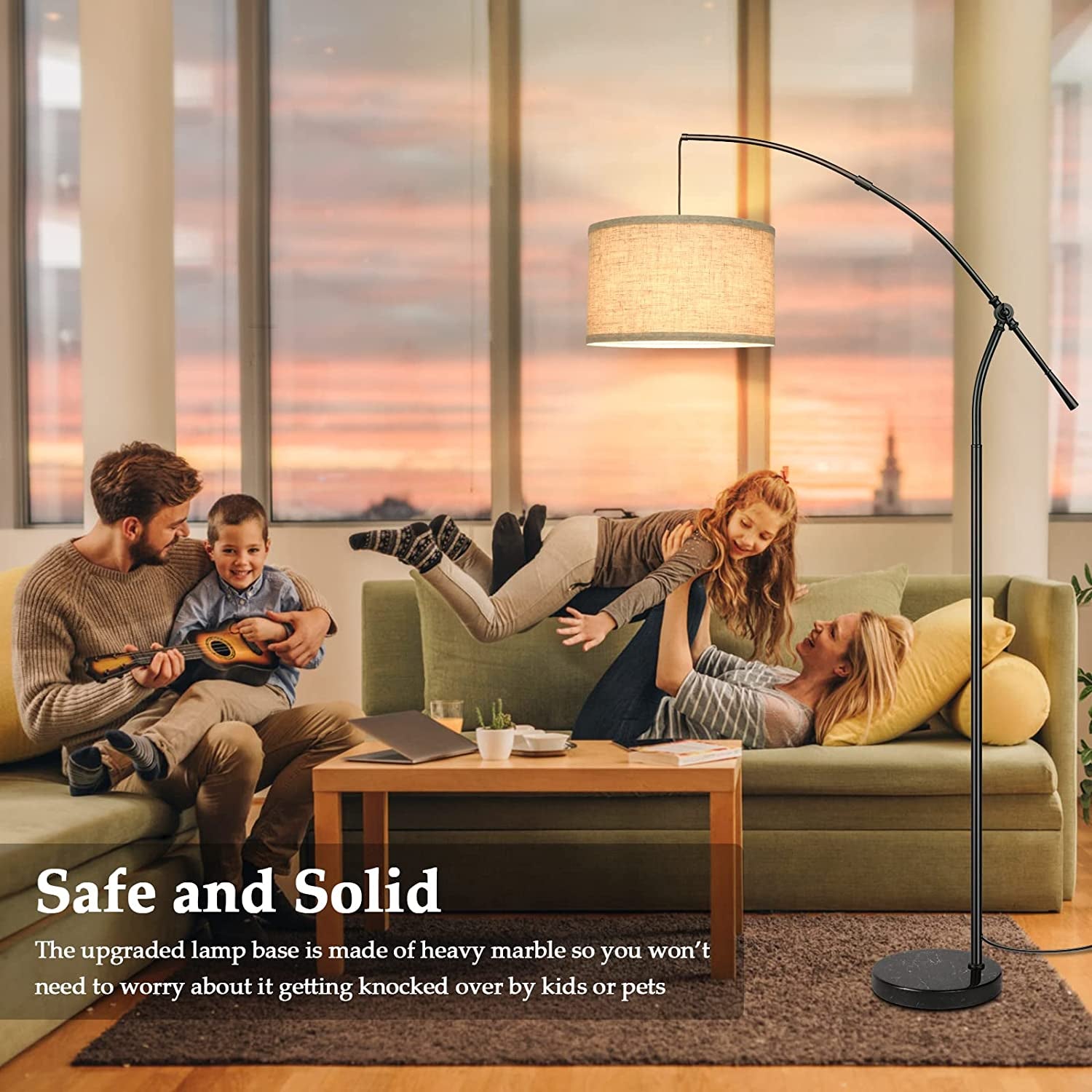 Modern Floor Lamp for Living Room Contemporary Arc Lamp behind the Couch Tall Standing Reading Lamp with Hanging Shade & Foot Switch Adjustable Arm for Bedroom Office Industrial Style Lighting Black