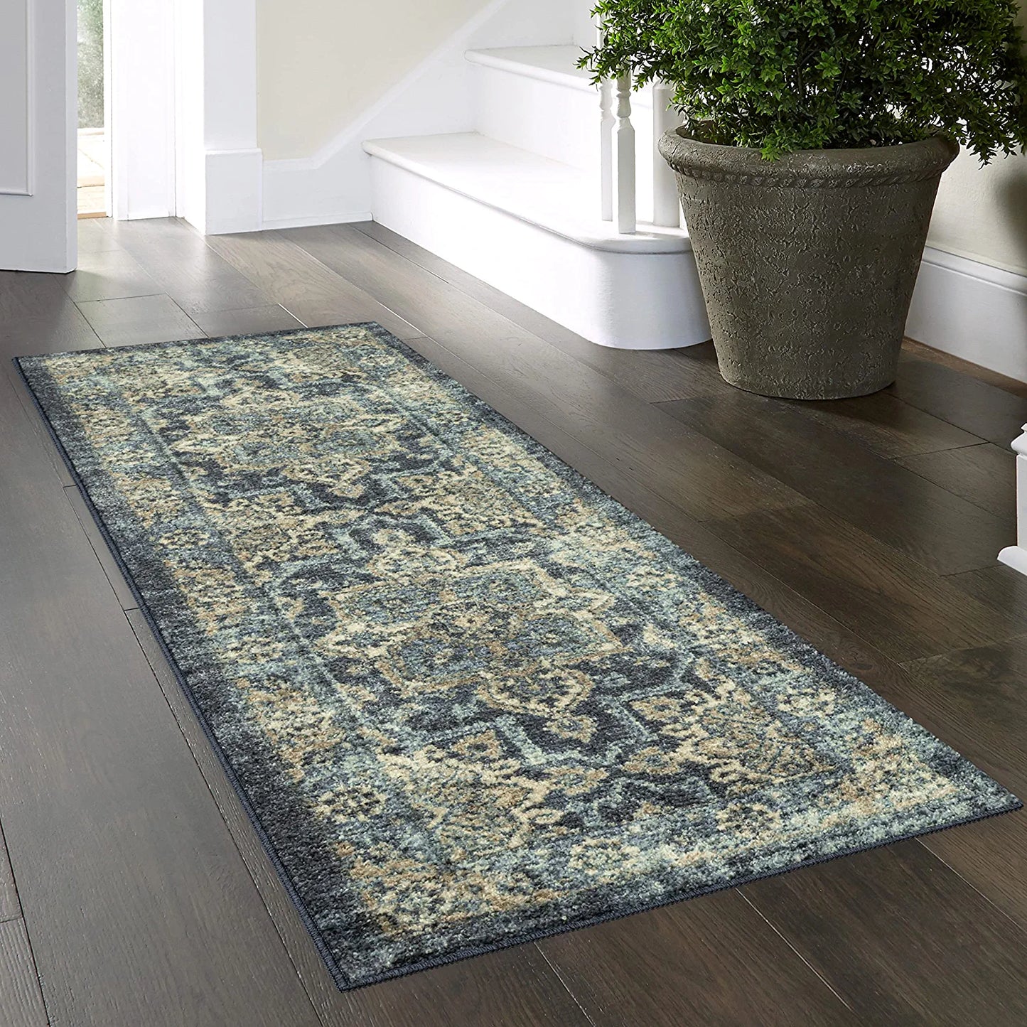 Maples Rugs Ava Traditional Tapestry Hallway Entryway Runner Non Skid Runner Rug [Made in USA], Persian Blue, 2' X 6'