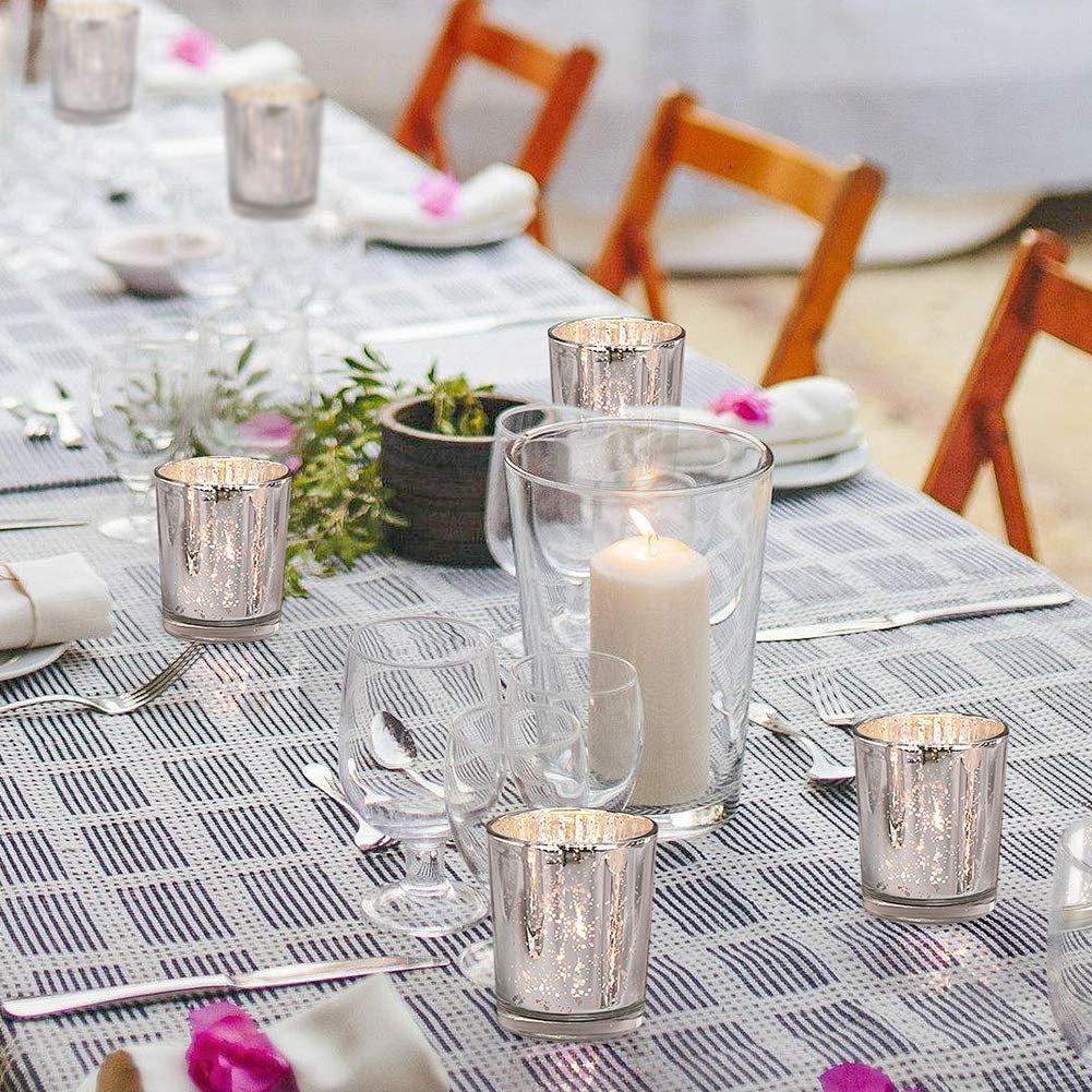 Silver Votive Candle Holders 24Pcs, Tealight Candle Holders for Table Centerpieces, Mercury Glass Candle Holder for Wedding Decorations, Anniversary Birthday Party Table Decorations