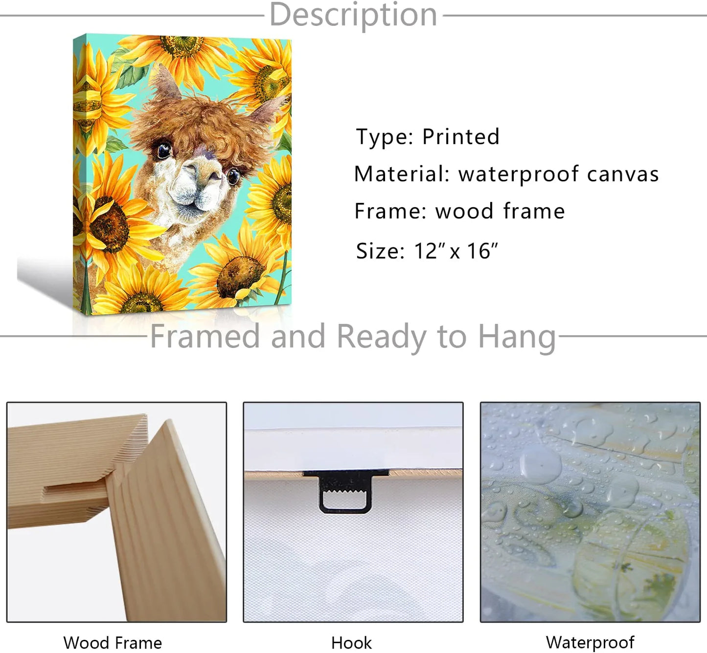 Alpaca Portrait Wall Art Funny Country Animal Canvas Printing Llama Picture Rural Animal Sunflowers Wall Painting Adorable Artwork for Living Room Kids Room Bedroom Nursery Decor Poster 12X16Inch