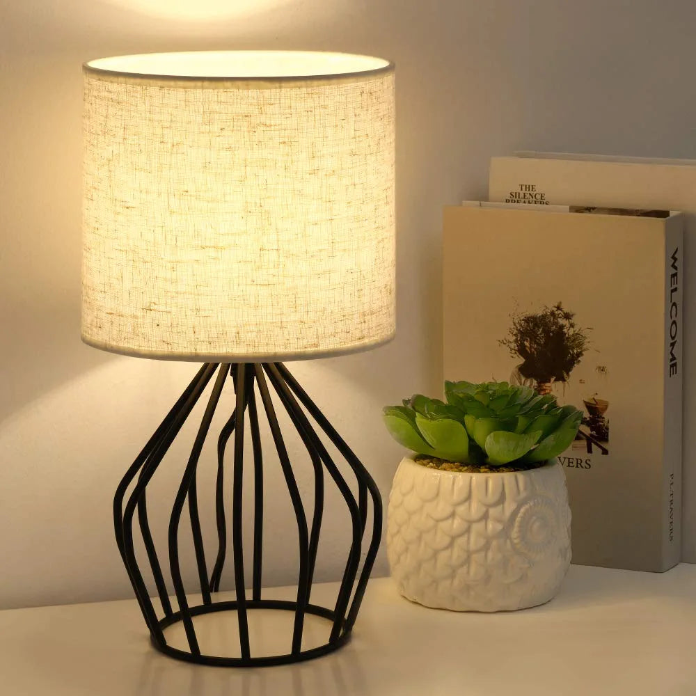 Modern Farmhouse Lamps - Black Metal Table Lamps with Hollowed Out Base , Bedside Lamps Set of 2 with Linen Fabric Lampshade for Bedrooms, Living Room