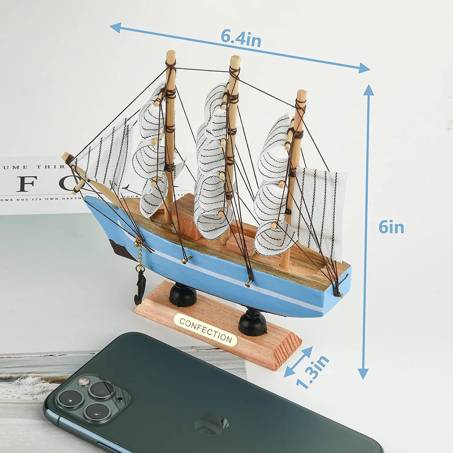 6.5 Inch Mediterranean Marine Style Wooden Handcrafted Sailing Ship Boat Model Ornament Nautical Home Desktop Decoration