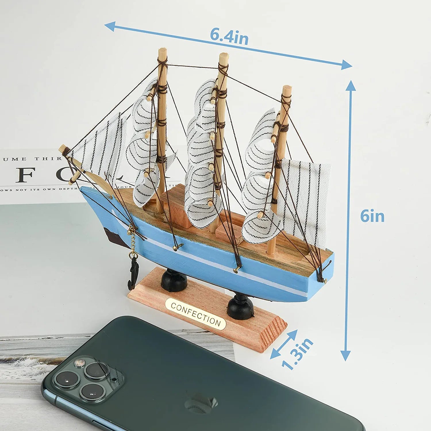 6.5 Inch Mediterranean Marine Style Wooden Handcrafted Sailing Ship Boat Model Ornament Nautical Home Desktop Decoration