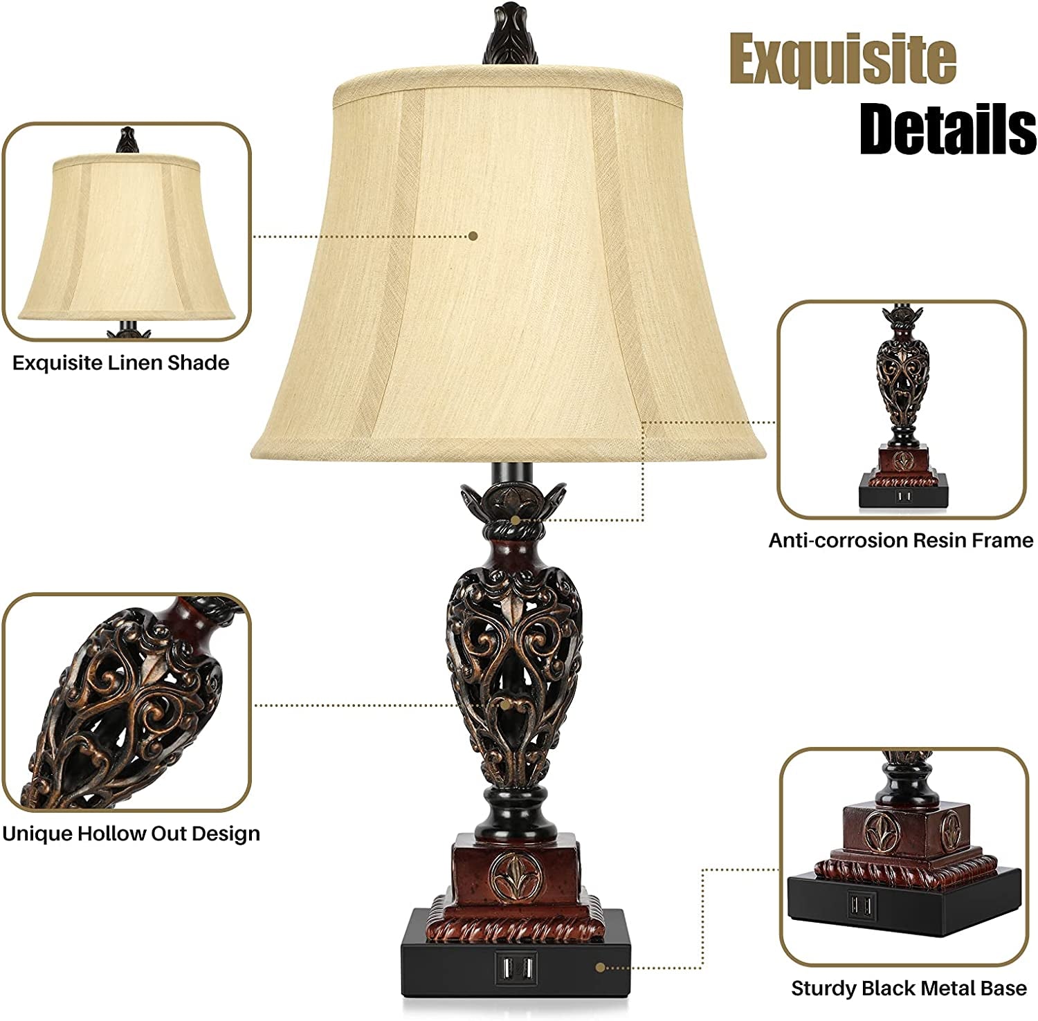Traditional Touch Table Lamps Set of 2, Vintage Rustic Bedside Nightstand Lamps with 2 USB Ports, Farmhouse Retro Table Lamps for Living Room Bedroom, E26 Bulbs Included