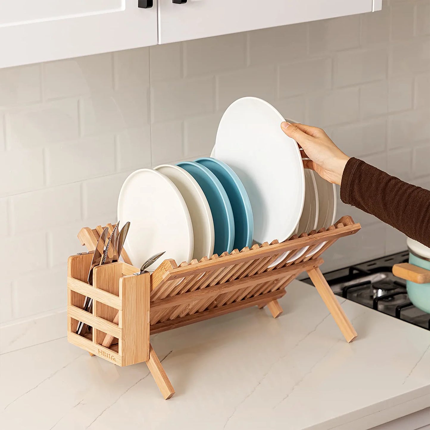 Dish Rack,Bamboo Folding 2-Tier Collapsible Drainer Dish Drying Rack with Utensils Flatware Holder Set (Dish Rack with Utensil Holder)