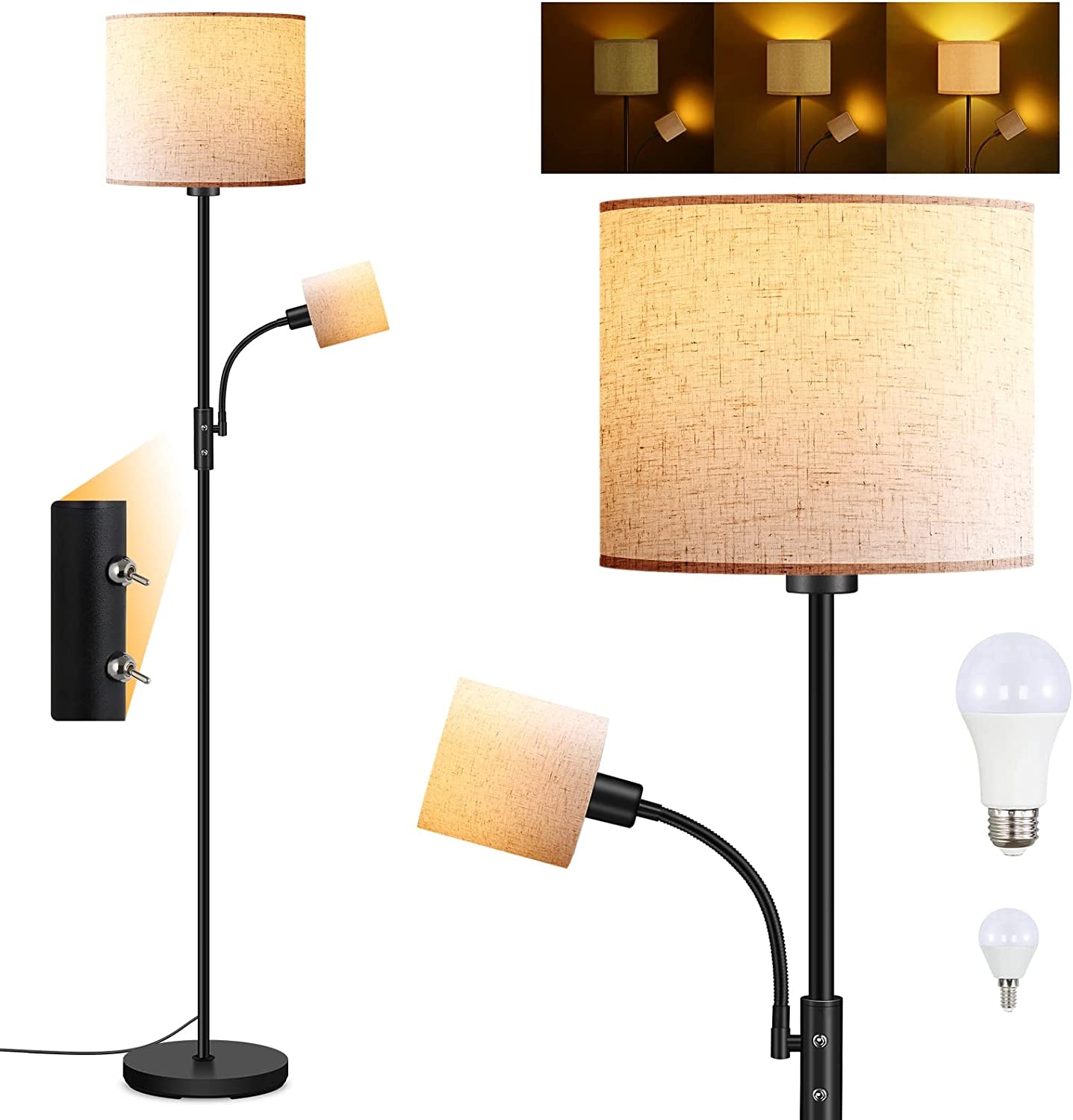 LED Floor Lamps for Living Room, 15W Dimmable Floor Lamp with 4W Adjustable Reading Light, 3000K Brightness Light, Modern Floor Lamp with Linen Lampshade,Led Standing Lamp for Bedroom,Office,Farmhouse