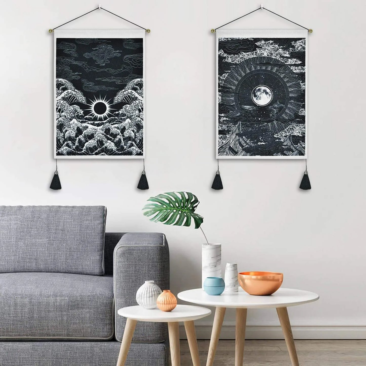 2 Pack Moon and Star Tapestry Great Ocean Wave Tapestry Sunset Tapestry Mountain Tapestry Black and White Art Tapestry Wall Hanging for Room(13.8 X 19.7 Inches)