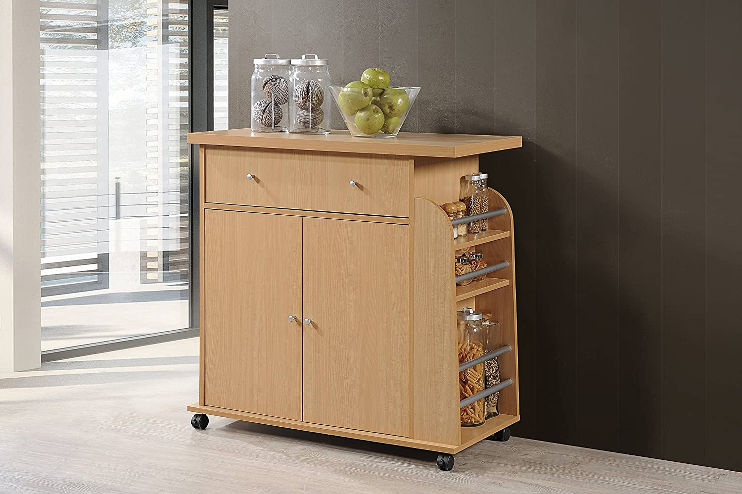 Import Kitchen Island with Spice Rack and Towel Rack, Beech