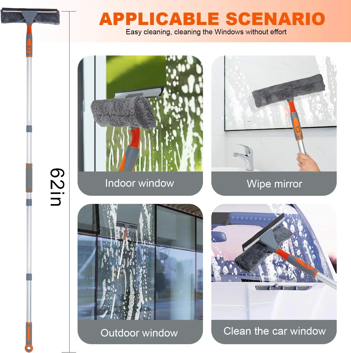 Professional Window Squeegee Cleaner, 2 in 1 Shower Squeegee with Extension Pole, 62‘’ Telescopic Window Washing Equipment with Bendable Head, Glass Cleaning Tools for Indoor/Outdoor High Window