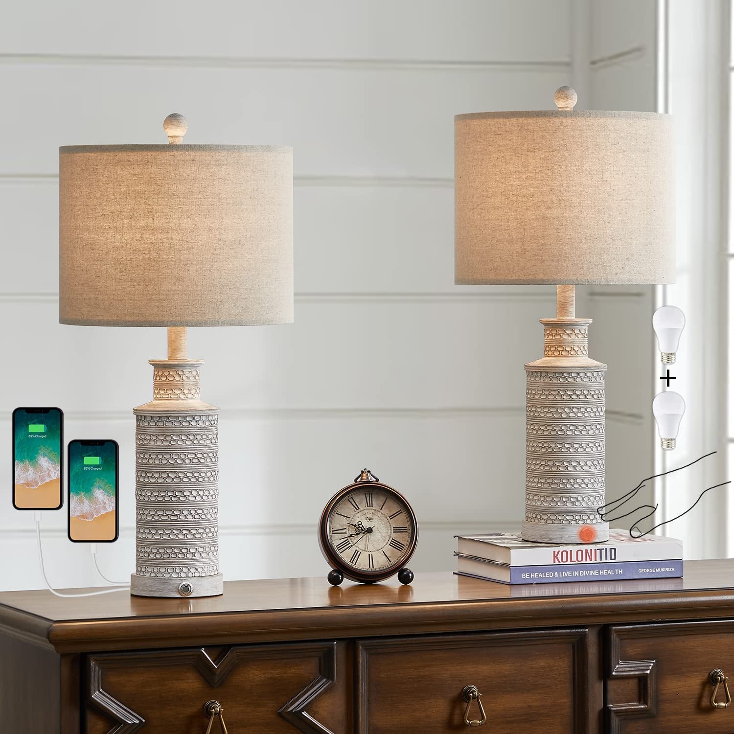 3-Way Dimmable Touch Control Table Lamp Set of 2 with Dual USB Charging Ports for Bedroom Living Room Vintage Rustic Farmhouse Traditional Nightstand Bedside Lamps(Bulbs Included)