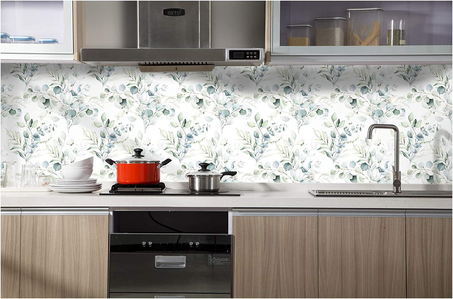 93042 Peel and Stick Wallpaper Green/White Eucalyptus Leaf Floral Wall Mural Home Nursery Boho Decor 17.7In X 32.8Ft